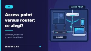 Comparație între un router wireless și un access point conectate prin cablu Ethernet într-o locuință, cu laptop, telefon și zone de acoperire Wi-Fi.