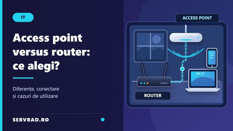 Comparație între un router wireless și un access point conectate prin cablu Ethernet într-o locuință, cu laptop, telefon și zone de acoperire Wi-Fi.