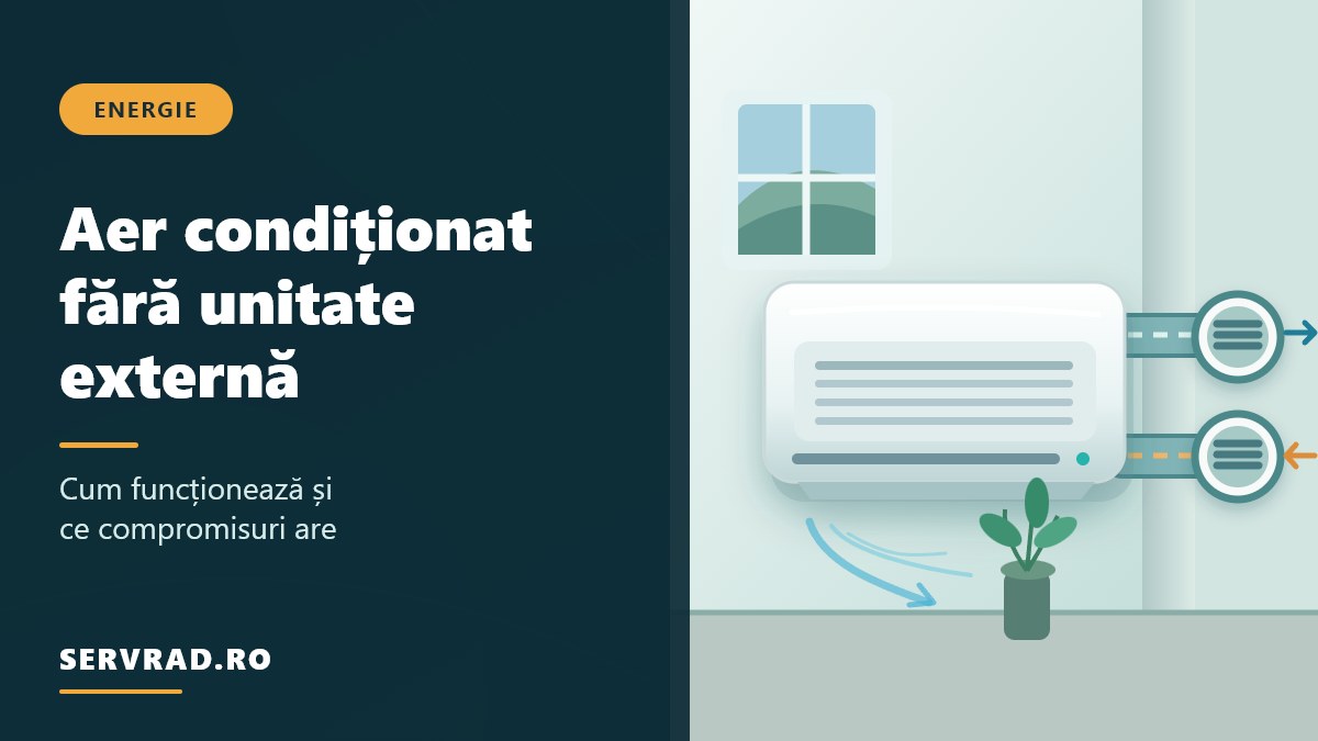 Aer condiționat monobloc montat pe peretele interior al unei camere, cu două grile de ventilație spre exterior și fără unitate exterioară separată.