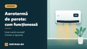 Aerotermă electrică de perete montată într-o încăpere modernă, cu aer cald distribuit prin grila inferioară și ilustrarea funcționării ventilatorului.