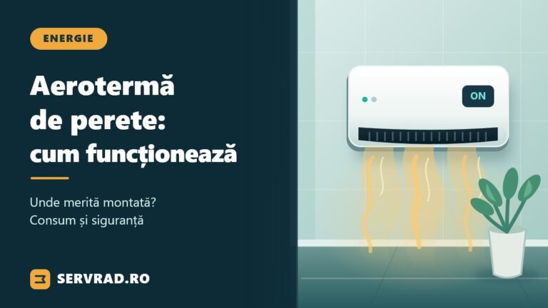 Aerotermă electrică de perete montată într-o încăpere modernă, cu aer cald distribuit prin grila inferioară și ilustrarea funcționării ventilatorului.