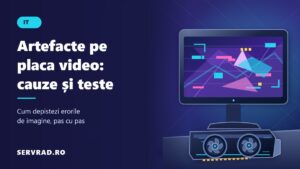 Monitor care afișează artefacte grafice sub formă de pixeli colorați și poligoane deformate, lângă o placă video cu două ventilatoare.