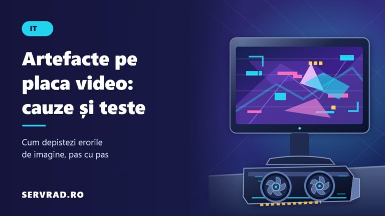 Monitor care afișează artefacte grafice sub formă de pixeli colorați și poligoane deformate, lângă o placă video cu două ventilatoare.