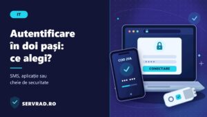 Laptop cu ecran de autentificare securizată, telefon cu aplicație pentru coduri de verificare și cheie fizică FIDO2, ilustrând trei metode de autentificare în doi pași.