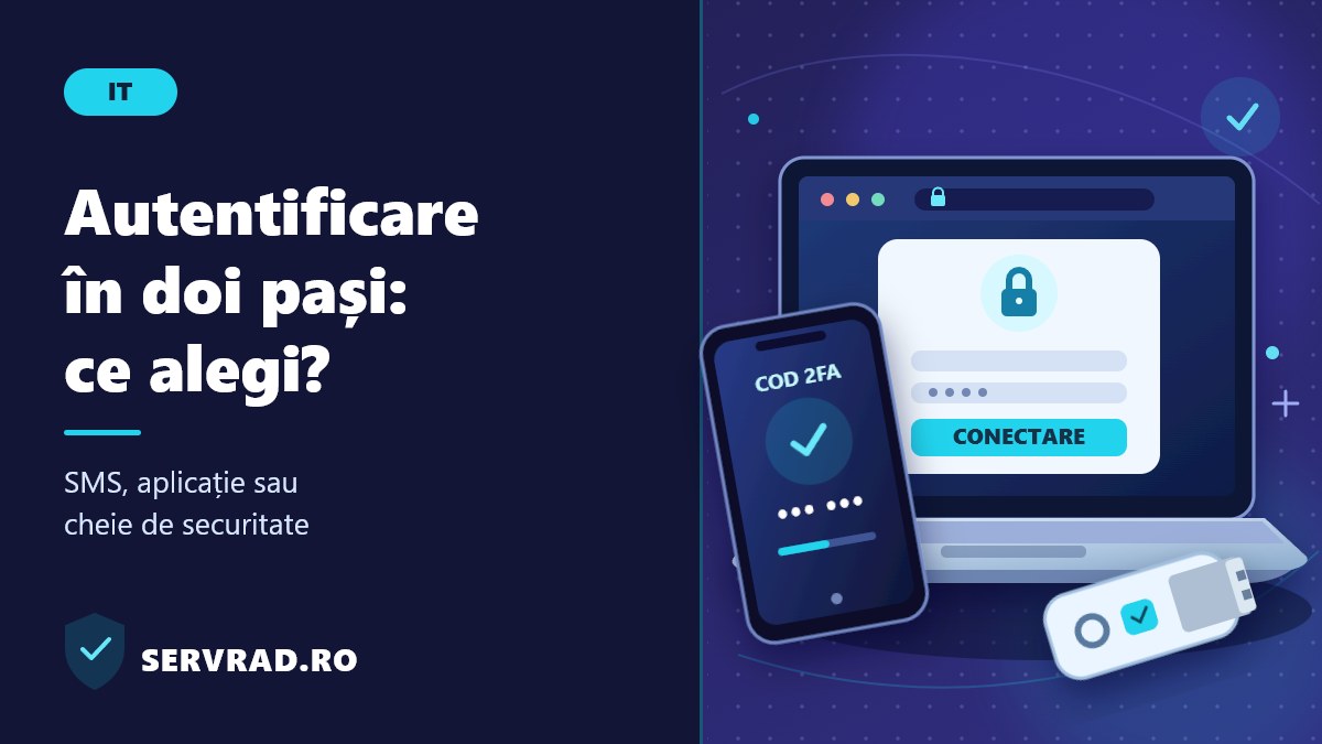 Laptop cu ecran de autentificare securizată, telefon cu aplicație pentru coduri de verificare și cheie fizică FIDO2, ilustrând trei metode de autentificare în doi pași.