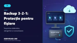 Ilustrație cu un calculator, fișiere digitale, hard disk extern, stocare cloud și scut de protecție, reprezentând strategia de backup 3-2-1.