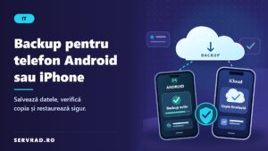 Două telefoane Android și iPhone conectate la un cloud securizat, cu simboluri pentru backup, fotografii, contacte și restaurarea datelor.