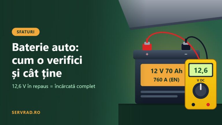 Multimetru digital care măsoară 12,6 V la bornele unei baterii auto, cu capota mașinii deschisă