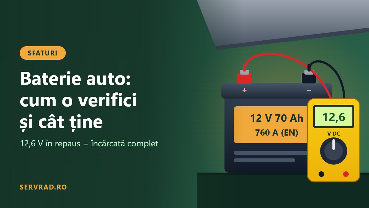 Multimetru digital care măsoară 12,6 V la bornele unei baterii auto, cu capota mașinii deschisă