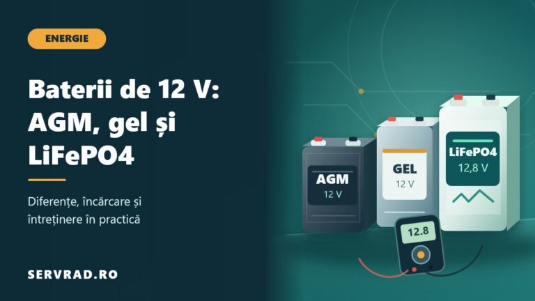 Trei baterii de 12 V AGM, gel și LiFePO4 ilustrate alături, cu borne, etichete și un aparat digital de măsurare, pentru compararea tehnologiilor.
