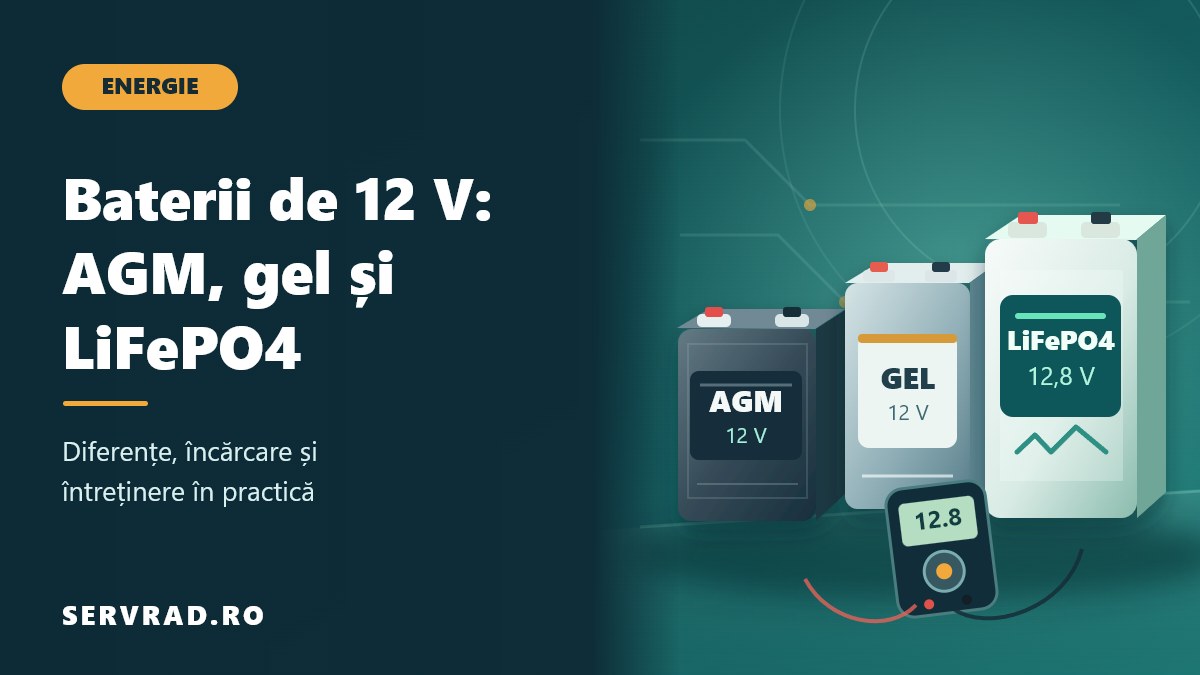 Trei baterii de 12 V AGM, gel și LiFePO4 ilustrate alături, cu borne, etichete și un aparat digital de măsurare, pentru compararea tehnologiilor.