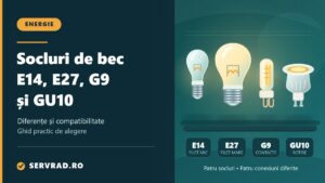 Ilustrație comparativă cu patru becuri LED având socluri E14, E27, G9 și GU10, evidențiind filetul, pinii de contact și diferențele constructive.