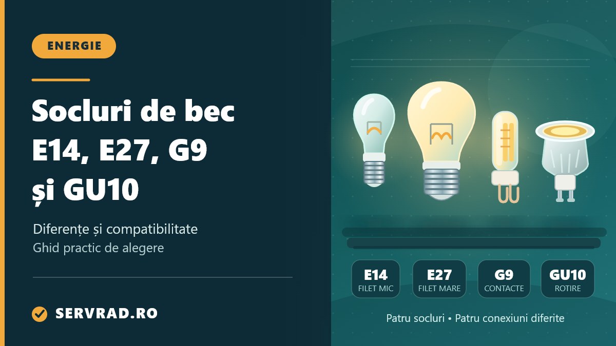 Ilustrație comparativă cu patru becuri LED având socluri E14, E27, G9 și GU10, evidențiind filetul, pinii de contact și diferențele constructive.