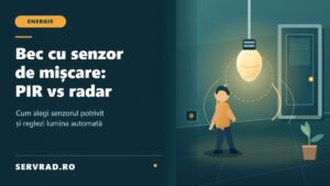 Bec LED cu senzor de mișcare într-un hol iluminat, cu unde de detecție și ilustrație comparativă pentru tehnologiile PIR și radar.