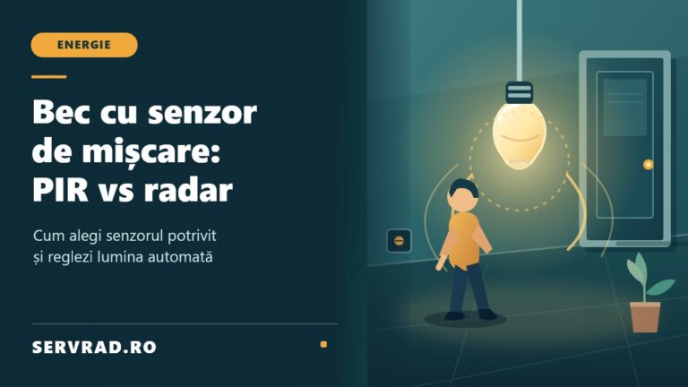 Bec LED cu senzor de mișcare într-un hol iluminat, cu unde de detecție și ilustrație comparativă pentru tehnologiile PIR și radar.