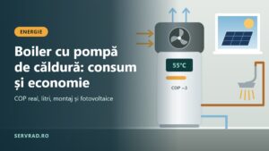 Boiler cu pompă de căldură alb, de podea, într-o cameră tehnică, cu aerul rece ieșind pe sus și țevi de apă caldă