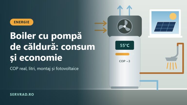Boiler cu pompă de căldură alb, de podea, într-o cameră tehnică, cu aerul rece ieșind pe sus și țevi de apă caldă