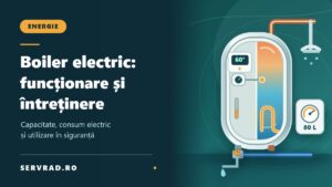 Boiler electric vertical ilustrat în secțiune, cu rezervor de apă, rezistență, termostat și conducte de alimentare, alături de titlul ghidului despre funcționare, capacitate și întreținere.