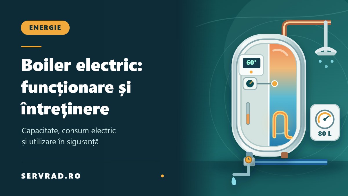 Boiler electric vertical ilustrat în secțiune, cu rezervor de apă, rezistență, termostat și conducte de alimentare, alături de titlul ghidului despre funcționare, capacitate și întreținere.