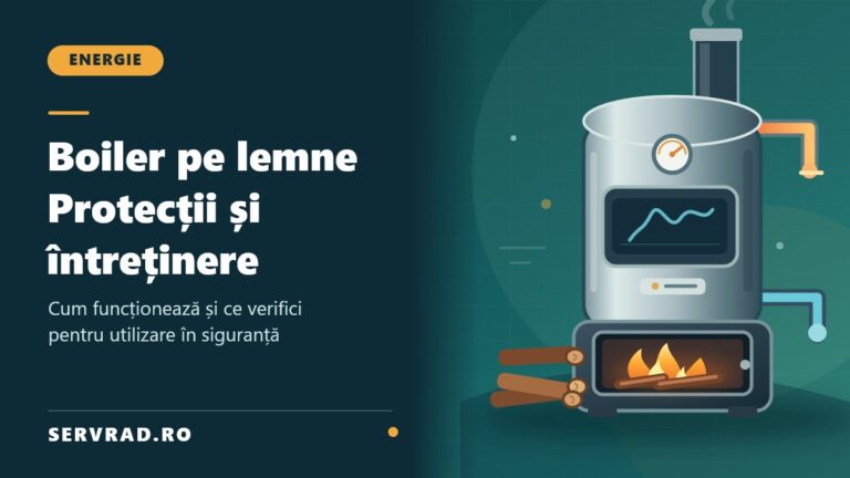 Boiler pe lemne ilustrat cu rezervor metalic pentru apă caldă, focar cu bușteni aprinși, coș de fum și conducte de alimentare, alături de titlul ghidului Servrad.