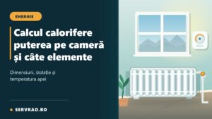 Calorifer din aluminiu sub fereastră într-o cameră, cu termostat și titlul Calcul calorifere: puterea pe cameră și câte elemente