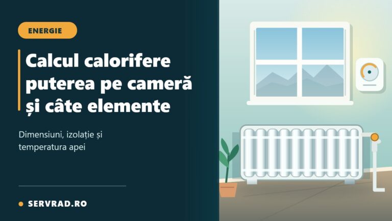 Calorifer din aluminiu sub fereastră într-o cameră, cu termostat și titlul Calcul calorifere: puterea pe cameră și câte elemente