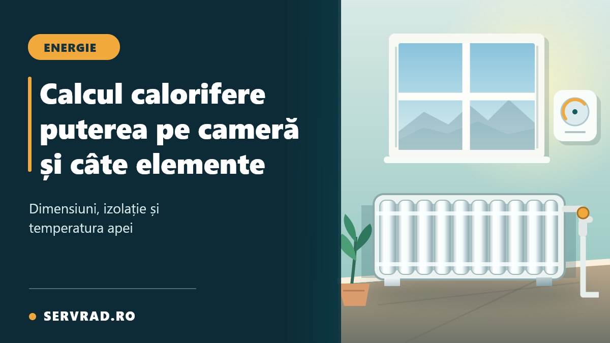 Calorifer din aluminiu sub fereastră într-o cameră, cu termostat și titlul Calcul calorifere: puterea pe cameră și câte elemente