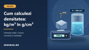 Ilustrație vectorială cu balanță digitală, cub metalic și cilindru gradat, pentru explicarea formulei densității și conversiei kg/m³ în g/cm³