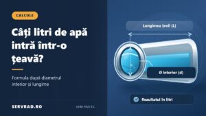 Secțiune printr-o țeavă plină cu apă, cu diametrul interior și lungimea marcate pentru calculul volumului în litri