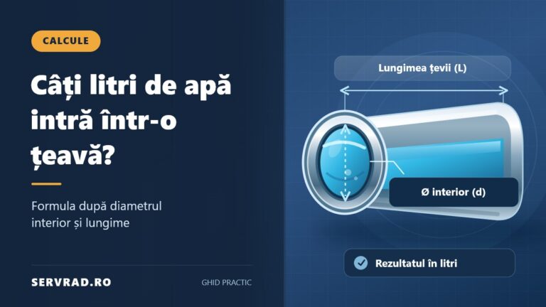 Secțiune printr-o țeavă plină cu apă, cu diametrul interior și lungimea marcate pentru calculul volumului în litri
