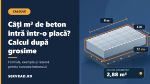 Ilustrație 3D a unei plăci de beton cu dimensiunile de 6 pe 4 metri și grosimea de 12 cm, folosită pentru calcularea volumului în metri cubi
