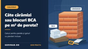 Perete construit din cărămidă ceramică și blocuri BCA, cu ruletă și mistrie, pentru calcularea necesarului de zidărie pe metru pătrat
