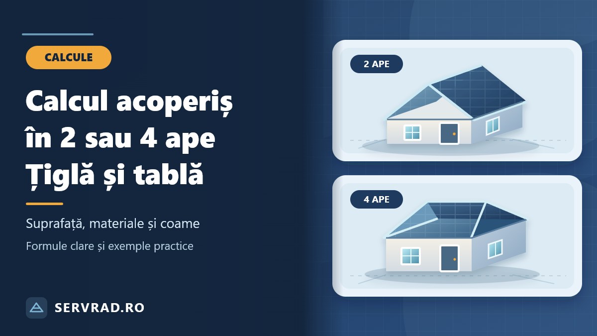 Calcul suprafață acoperiș în 2 sau 4 ape, cu ilustrații ale celor două tipuri de acoperiș și estimarea necesarului de țiglă și tablă.