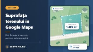 Ilustrație cu un teren delimitat pe o hartă digitală, puncte de măsurare și suprafața estimată de 1.200 m² în Google Maps.