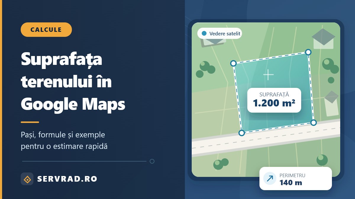Ilustrație cu un teren delimitat pe o hartă digitală, puncte de măsurare și suprafața estimată de 1.200 m² în Google Maps.