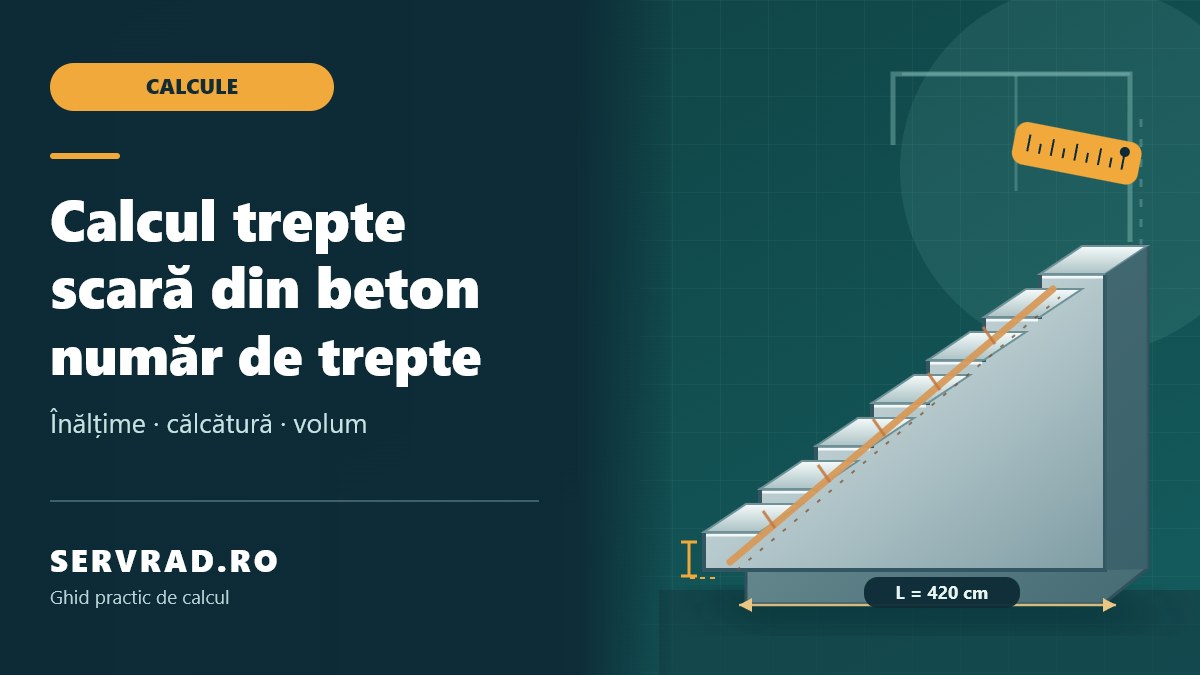 Scară dreaptă din beton reprezentată în perspectivă, cu trepte, placă înclinată și cote de măsurare pentru calculul numărului și dimensiunilor treptelor