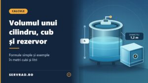 Ilustrație vectorială cu un rezervor cilindric, un recipient cubic și dimensiunile necesare pentru calcularea volumului în metri cubi și litri.