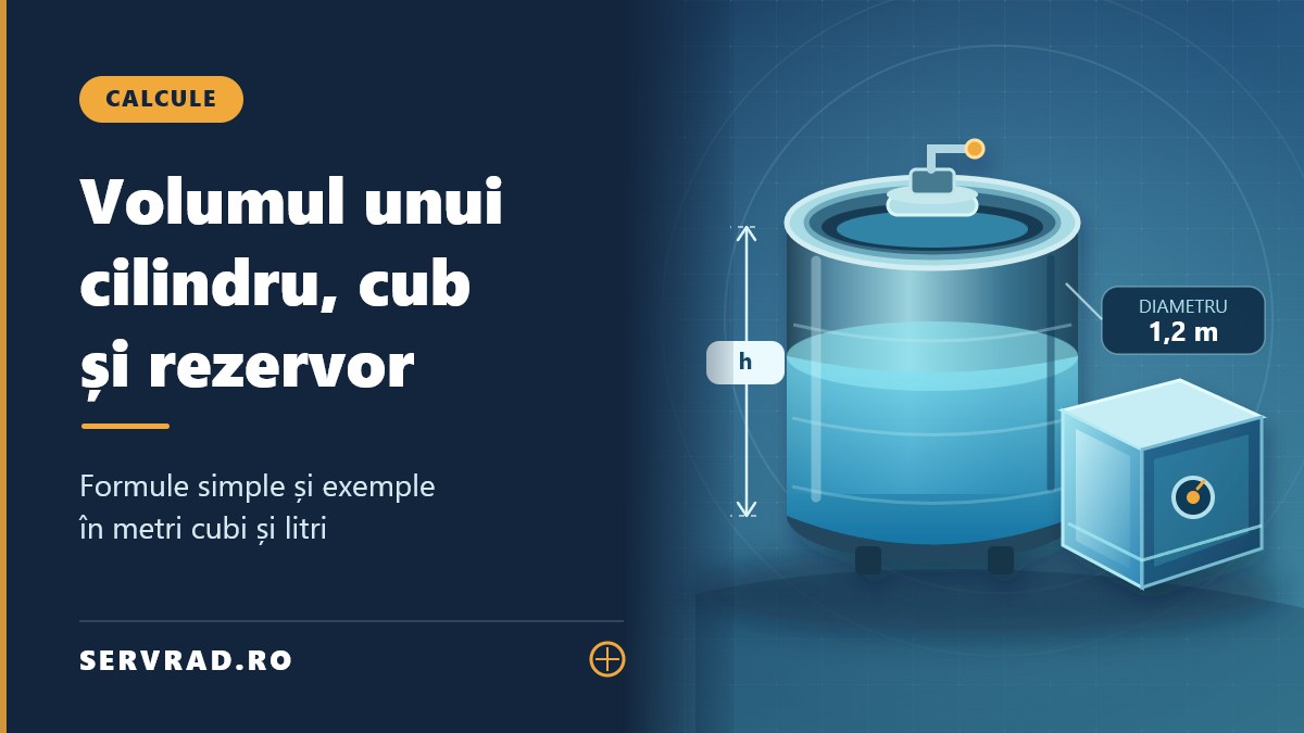 Ilustrație vectorială cu un rezervor cilindric, un recipient cubic și dimensiunile necesare pentru calcularea volumului în metri cubi și litri.
