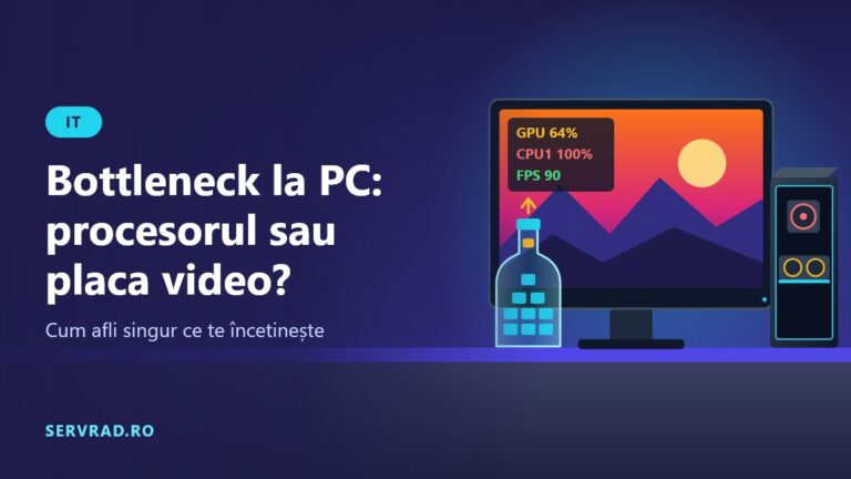Calculator de gaming cu indicatoare de utilizare pentru placa video și procesor, lângă o sticlă care ilustrează gâtul de sticlă