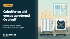 Comparație între un calorifer electric cu ulei și o aerotermă, ilustrate într-o cameră, cu fluxuri de căldură și diferențele de confort și încălzire.