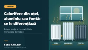 Comparație ilustrată între un calorifer modern din oțel cu panouri, un calorifer din aluminiu cu elementi și un radiator tradițional din fontă, pe fundal verde petrol.