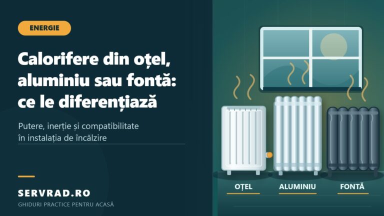 Comparație ilustrată între un calorifer modern din oțel cu panouri, un calorifer din aluminiu cu elementi și un radiator tradițional din fontă, pe fundal verde petrol.