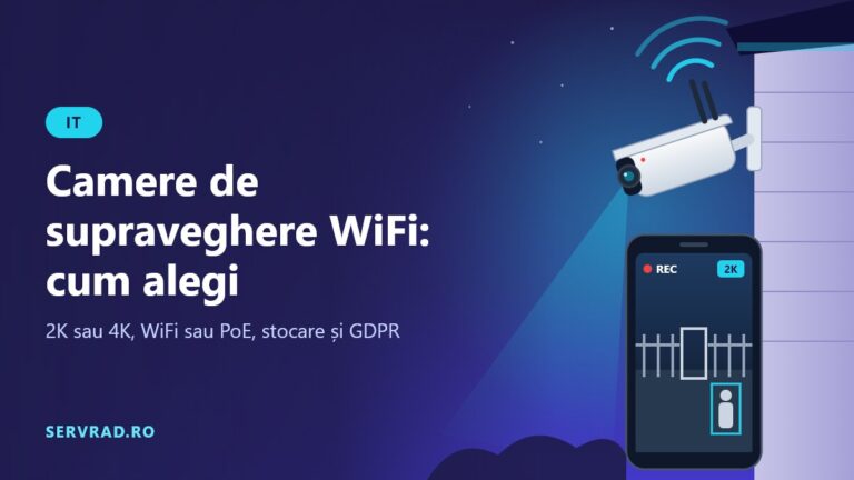 Cameră de supraveghere WiFi montată pe peretele unei case, cu undele semnalului WiFi și o imagine de pe cameră afișată pe telefon