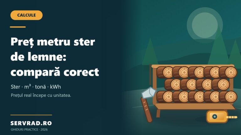 Stivă de lemne de foc tăiate și așezate ordonat, cu ruletă de măsurare și informații despre prețul metrului ster și conversia în metri cubi.