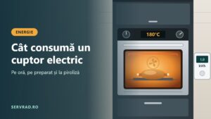 Cuptor electric încorporat cu ușa de sticlă, o tavă cu pui la rotisat în interior și afișaj de 180°C, lângă un contor de energie