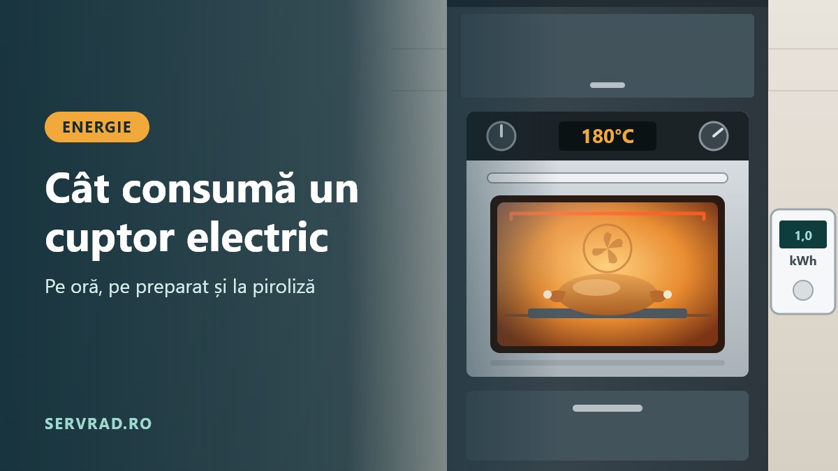 Cuptor electric încorporat cu ușa de sticlă, o tavă cu pui la rotisat în interior și afișaj de 180°C, lângă un contor de energie