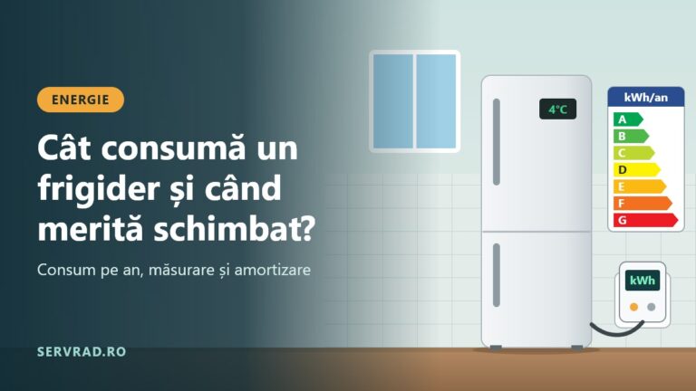 Frigider combinat într-o bucătărie, cu eticheta energetică A–G și o priză cu contor care afișează consumul în kWh