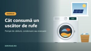 Uscător de rufe cu pompă de căldură, cu hubloul deschis și rufe colorate, lângă o mașină de spălat, cu un panou fotovoltaic vizibil pe fereastră