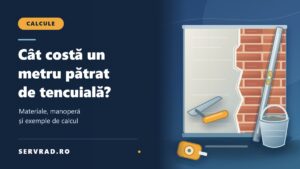 Perete din cărămidă parțial tencuit, cu mistrie, dreptar, găleată de mortar și ruletă, lângă titlul unui ghid despre costul tencuielii pe metru pătrat.