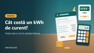 Factură de energie electrică, contor cu afișaj în kWh, calculator și monede